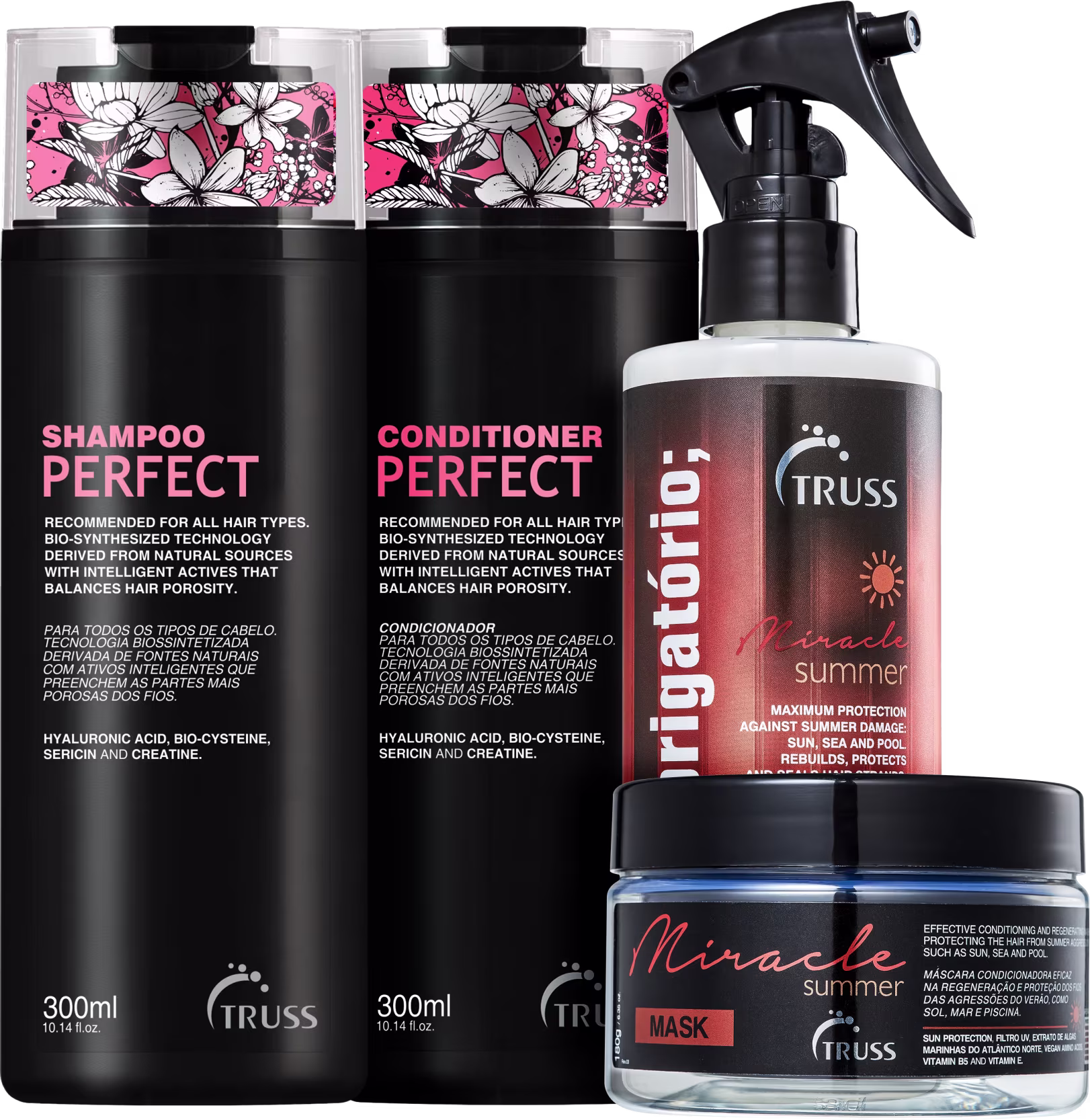 A imagem mostra o shampoo e condicionador Perfect, com embalagem preta e letras em rosa e branco; o Uso Obrigatório Miracle Summer de embalagem spray com rótulo laranja; e a máscara Miracle Summer com rótulo preto e detalhes laranja com letras brancas.