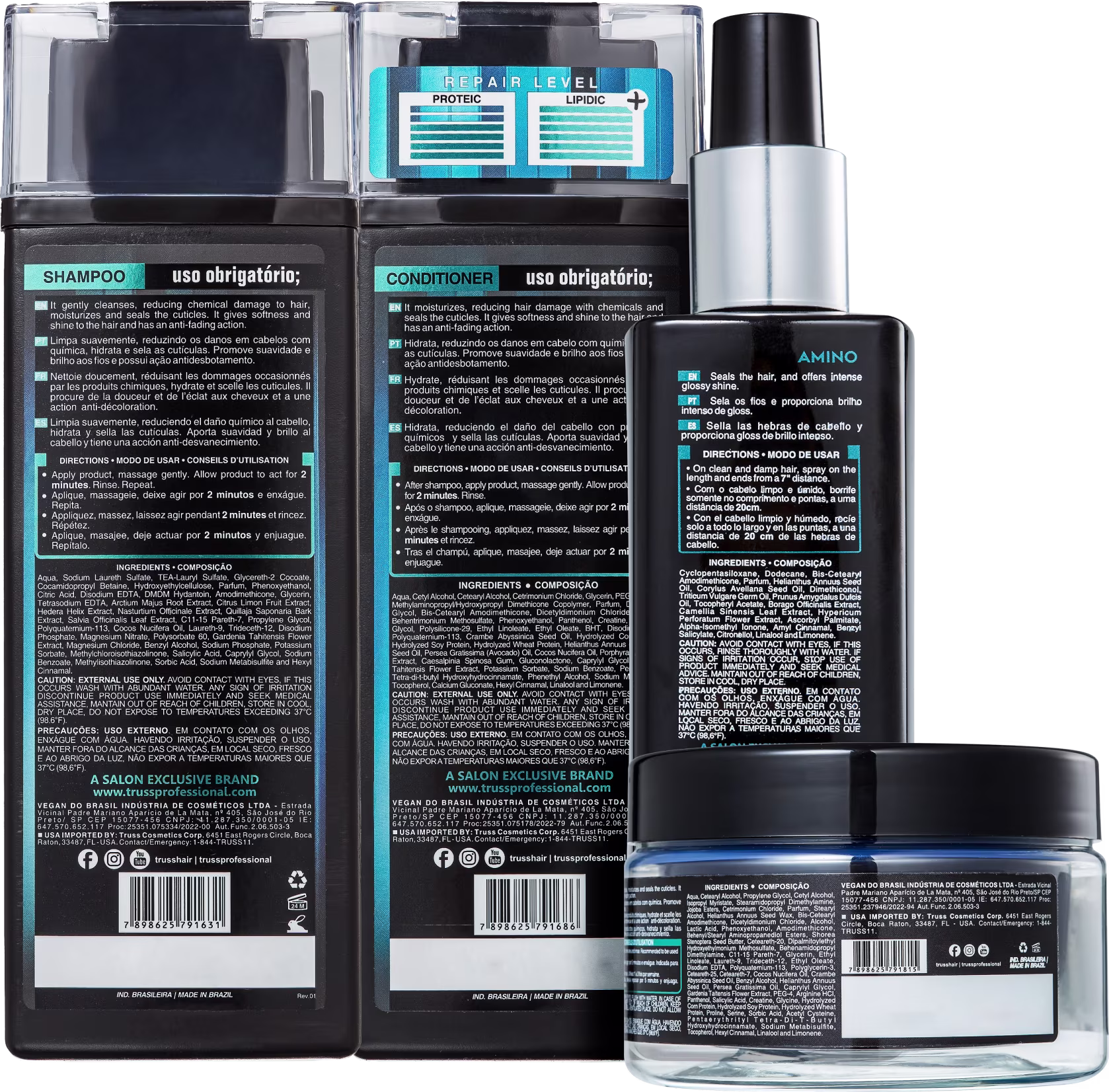 A imagem mostra a parte de trás dos produtos do kit, contendo modo de uso, ingredientes e outras informações em letras miúdas.