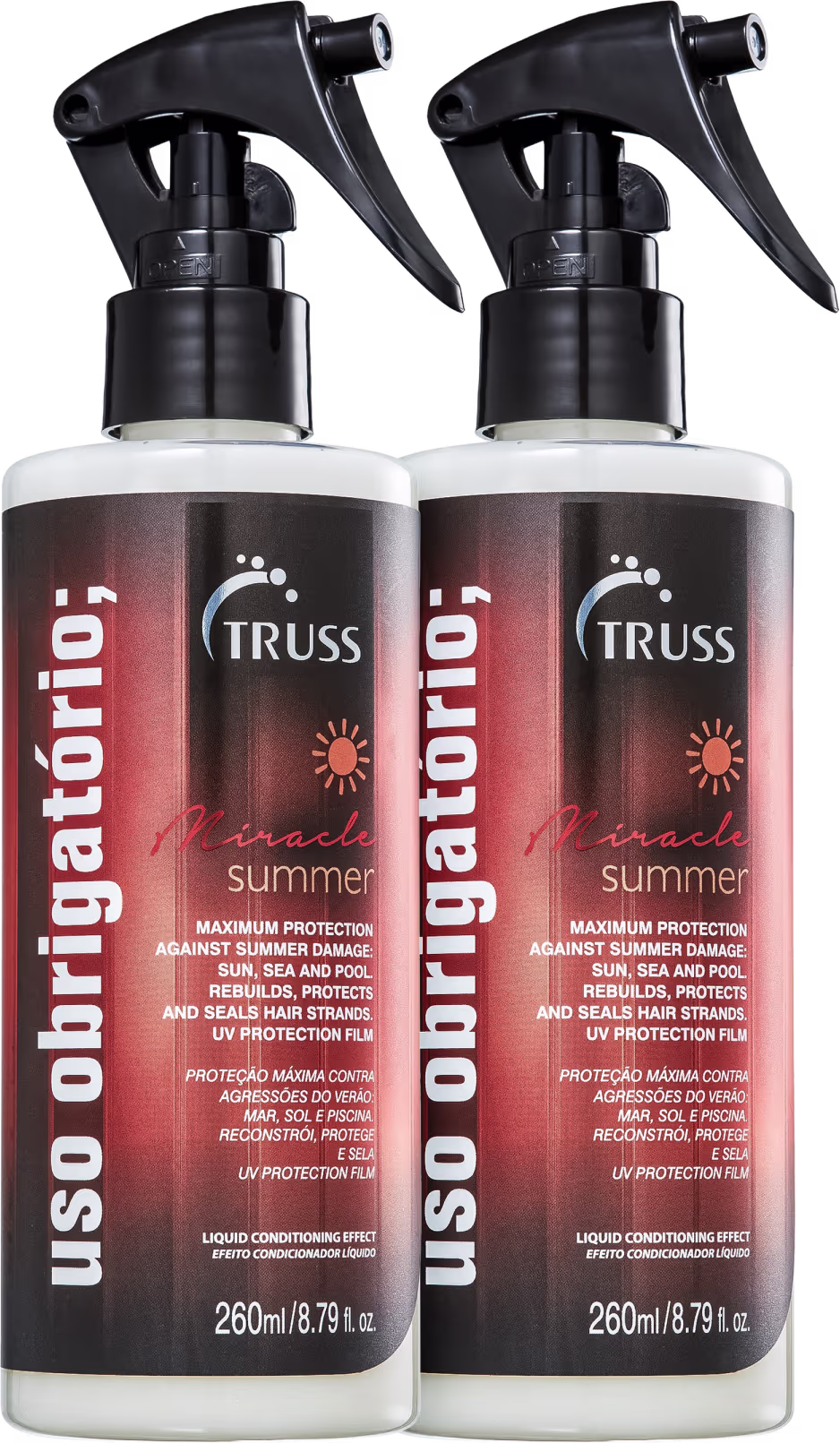 A imagem mostra dois frascos sprays com gatilhos acionadores. Os frascos são transparentes e trazem o rótulo na maior parte do frasco com detalhes em vermelho e branco remetendo ao calor e ao Verão.