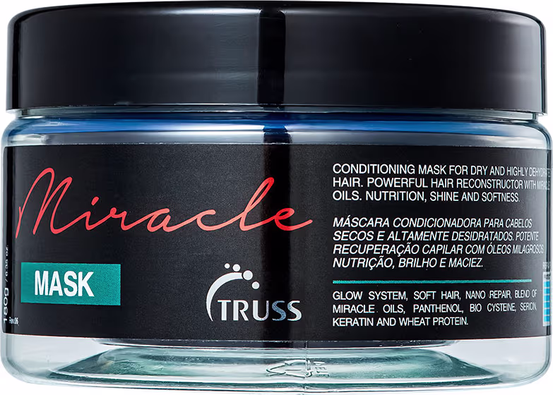 A imagem traz em destaque a máscara capilar. O frasco é transparente, permitindo ver o produto dentro, e tem uma tampa preta. O rótulo destaca a linha "Miracle" em um tom vermelho.