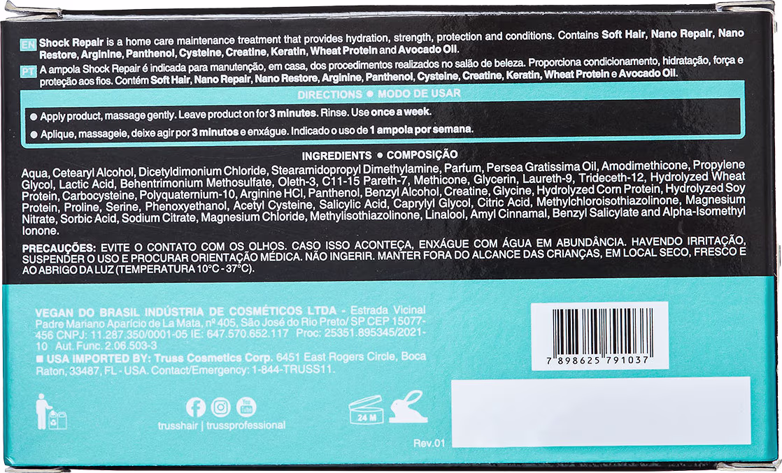 A imagem mostra o verso da caixa que traz o kit de ampolas. A embalagem é azul e preta. Ela contém informações sobre o produto em português e inglês, além de outros dados adicionais sobre a fórmula.