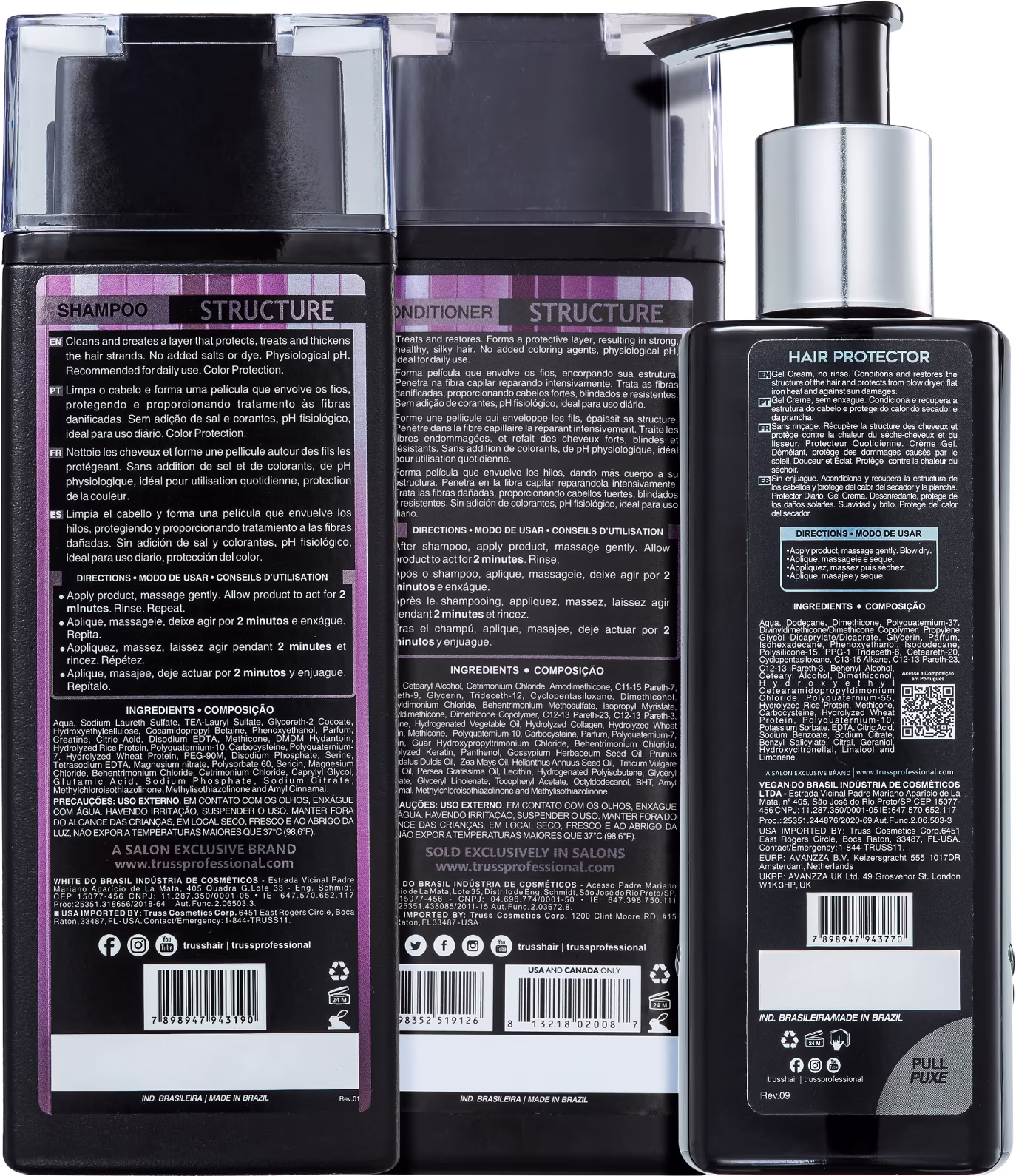 Produtos para cabelo da marca TRUSS. Conjunto com shampoo, condicionador e protetor capilar. Embalagens plásticas retangulares pretas. Rótulos com texto informativo em português, inglês e espanhol, descrevendo os benefícios e instruções de uso.