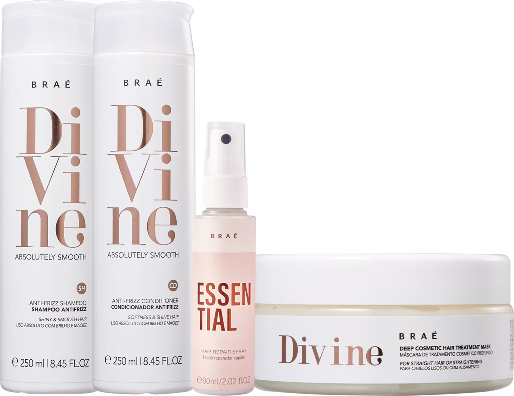A imagem mostra uma linha de produtos para cabelos da marca Braé. Há dois frascos grandes de shampoo e condicionador da linha "Divine", um frasco menor spray de tratamento capilar "Essential" e um pote branco de máscara de tratamento capilar "Divine".