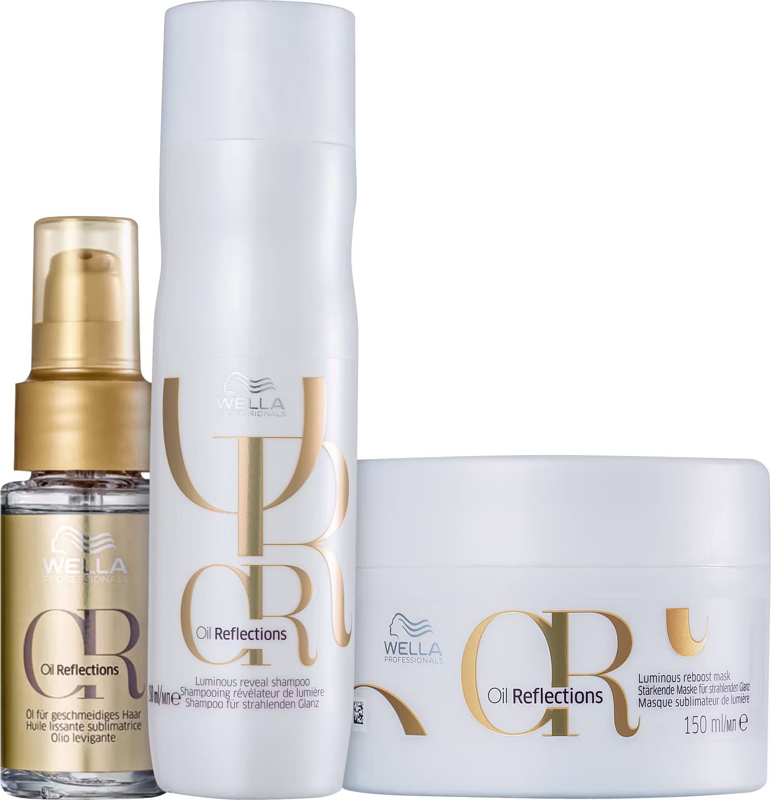 Produtos de cuidado capilar da linha Oil Reflections da Wella Professionals. Um frasco dourado pequeno contendo óleo capilar. Um frasco branco maior com shampoo. Uma embalagem branca redonda contendo uma máscara capilar.
