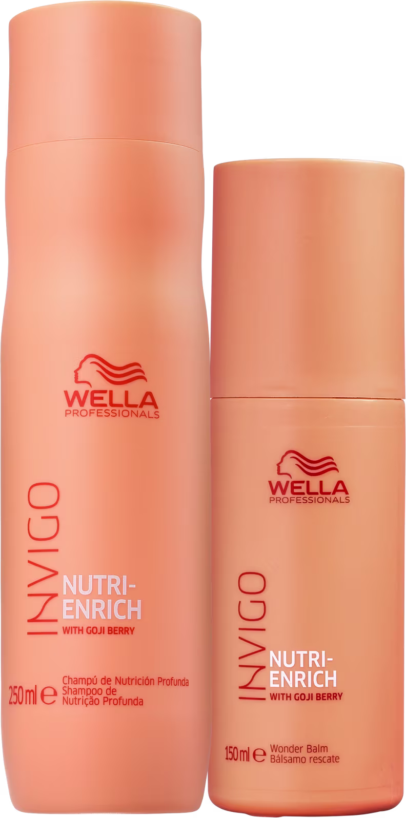 Dois produtos de cuidados capilares da marca Wella Professionals, linha Nutri-Enrich. Um frasco cilíndrico de shampoo, com 250ml. E um frasco menor cilíndrico de "Wonder Balm", com 150ml.