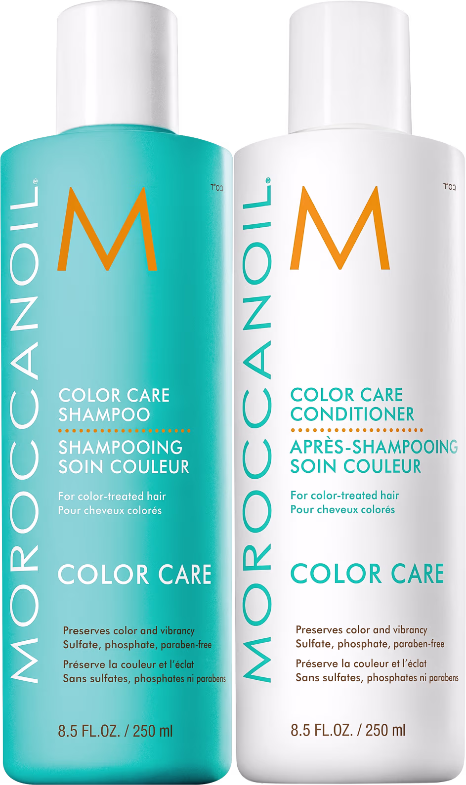 A imagem mostra o Shampoo e Condicionador Moroccanoil Color Care 250ml cada. Dois frascos cilíndricos de plástico branco, um na cor azul turquesa e outro branco. Trazem logotipo "M" laranja. Os produtos visam preservar a cor dos cabelos coloridos.