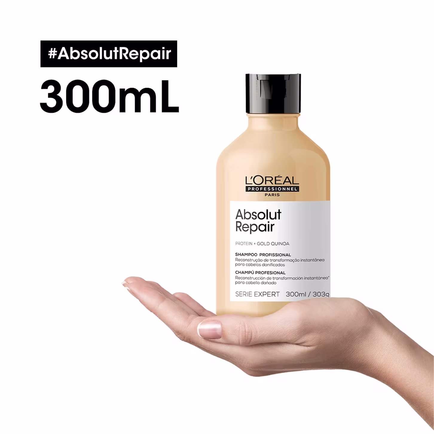 Shampoo profissional L'Oréal Professionnel Absolut Repair, embalagem plástica de 300ml/303g. Frasco retangular de cor bege com tampa preta brilhante.