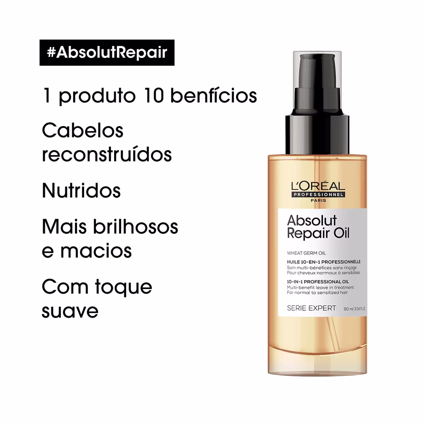 Produto de tratamento capilar da linha Serie Expert da L'Oréal Professionnel. Frasco plástico transparente com tampa preta fosca contendo um líquido amarelo claro.