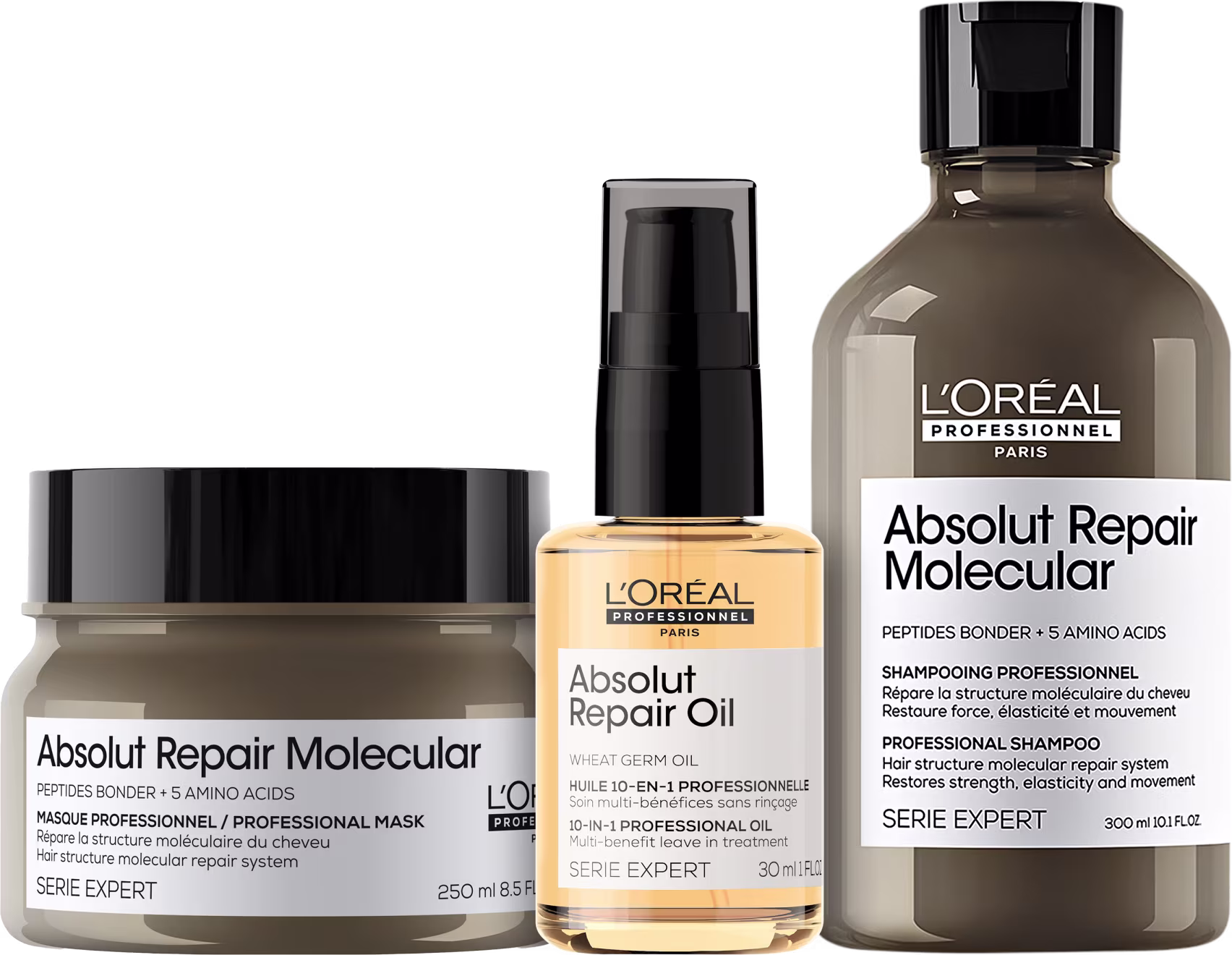 A imagem mostra três produtos da L'Oréal Professionnel. O primeiro é a máscara Absolut Repiar Molecular de 250ml, com embalagem marrom. O segundo é o óleo Absolut Repair Oil 30ml. O terceiro é Shampoo Absolut Repair Molecular 300ml, com frasco marrom.