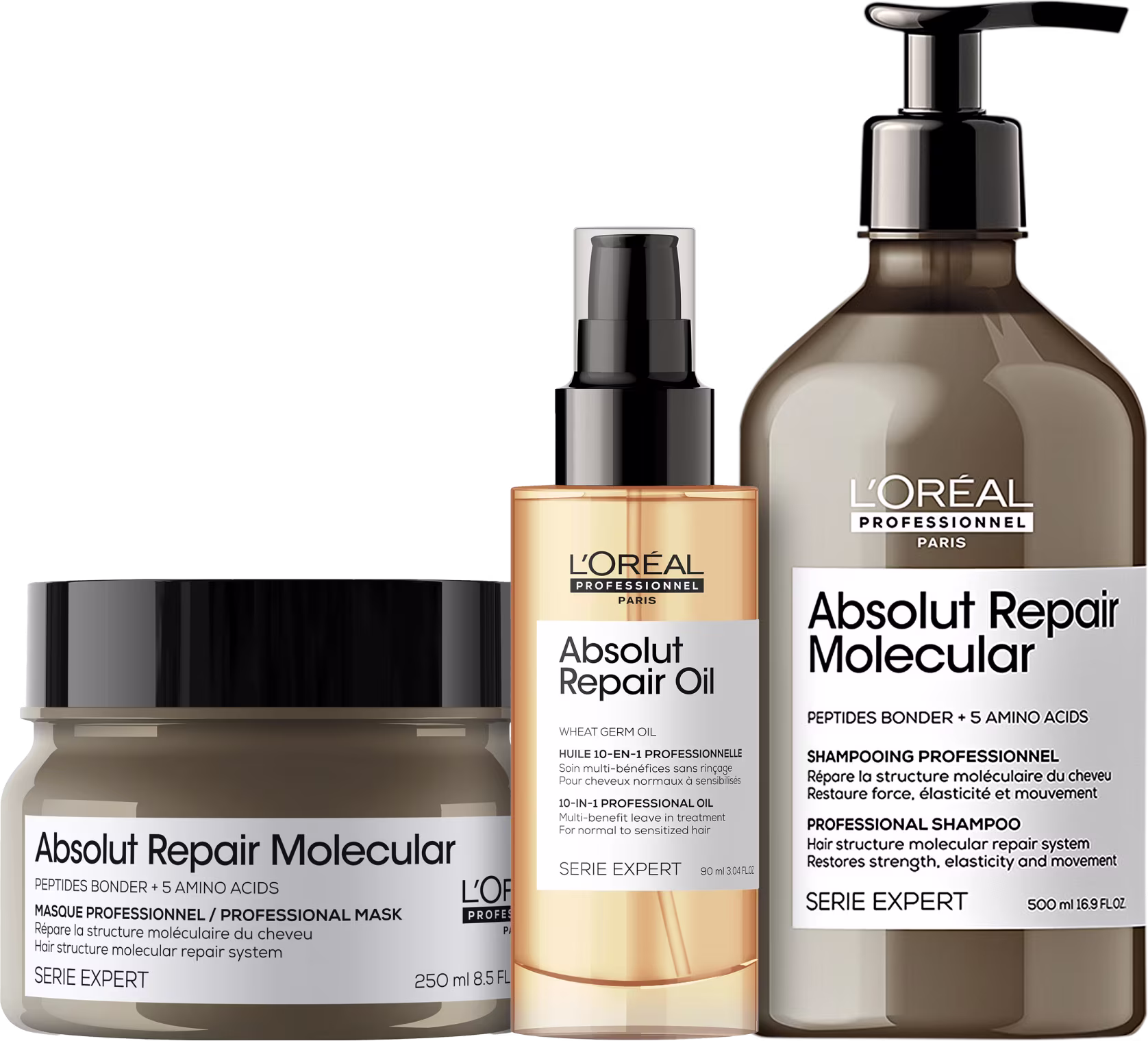 A imagem mostra três produtos da L'Oréal Professionnel. O primeiro é a máscara Absolut Repiar Molecular, com embalagem marrom. O segundo é o óleo Absolut Repair Oil, dourado. O terceiro é Shampoo Absolut Repair Molecular, com frasco marrom.