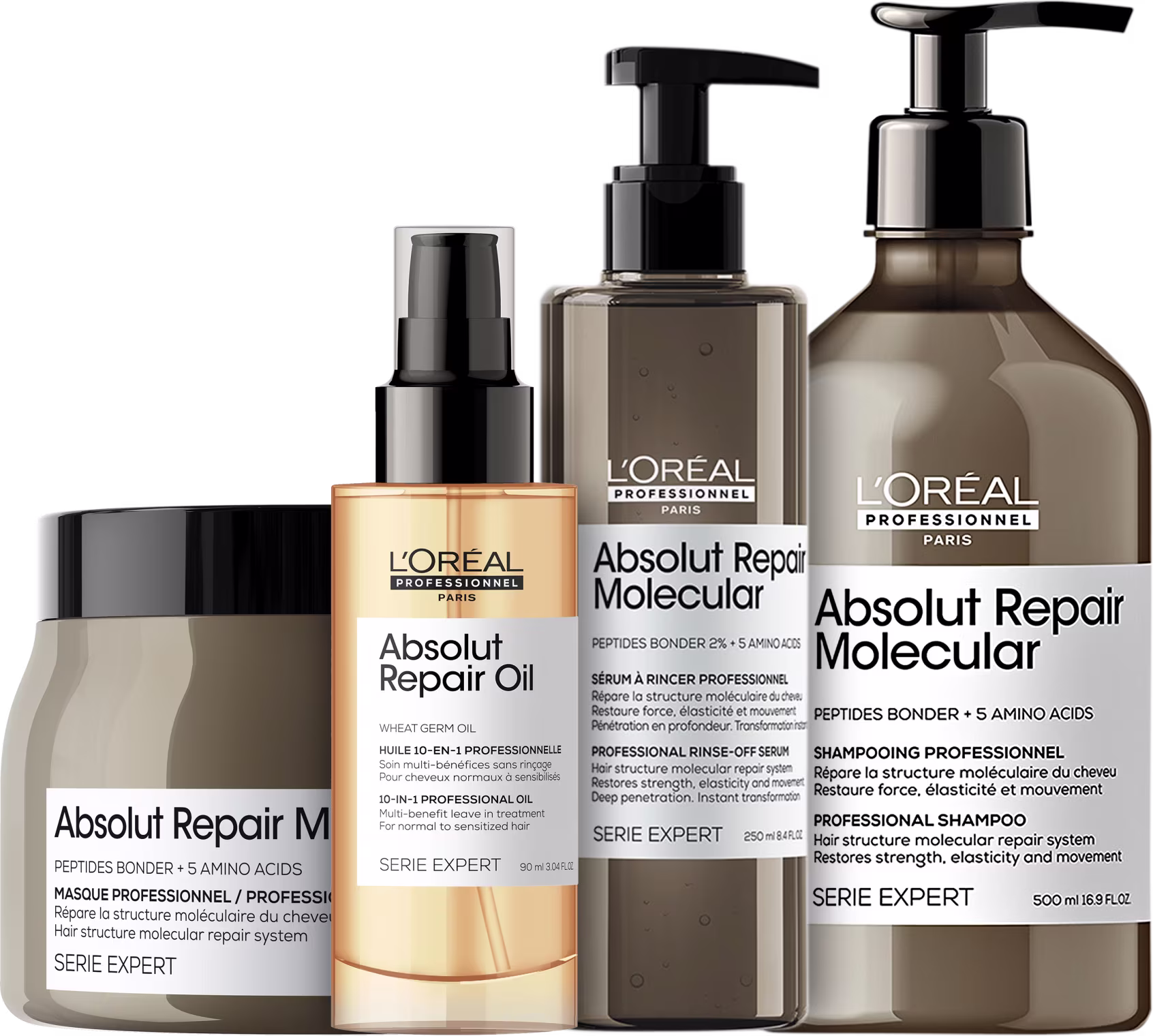 A imagem mostra produtos da marca L'Oréal Professionnel. Há 4 itens: um frasco de shampoo marrom, um frasco de leave-in marrom, um frasco marrom de máscara capilar com tampa preta, um frasco de óleo capilar com tom dourado.