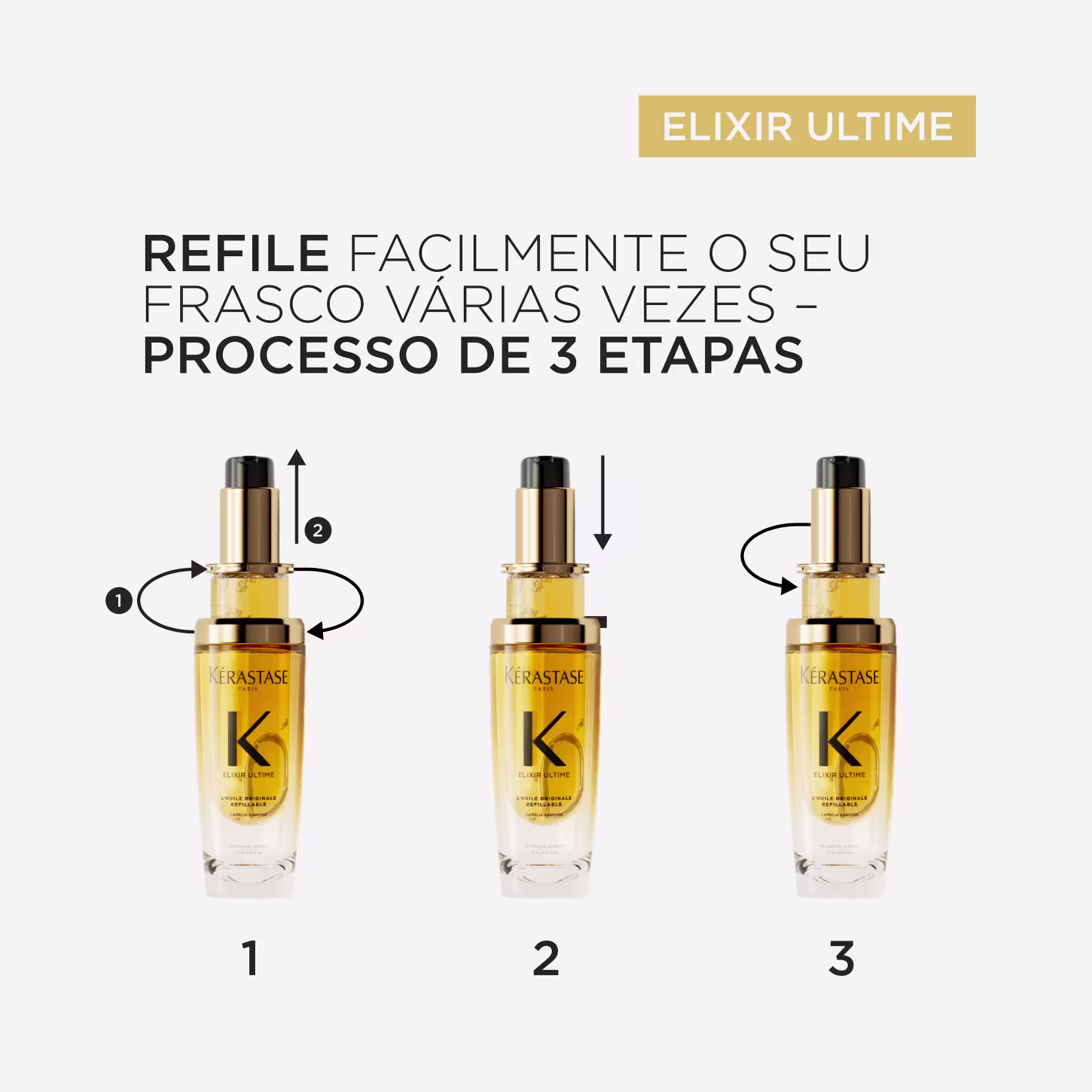 Produto de tratamento capilar Kérastase Elixir Ultime. Frasco transparente com líquido dourado, tampa preta e detalhes dourados. Embalagem cilíndrica com rótulo branco e letras pretas "Kérastase Paris" e "Elixir Ultime L'Huile Originale Refillable".