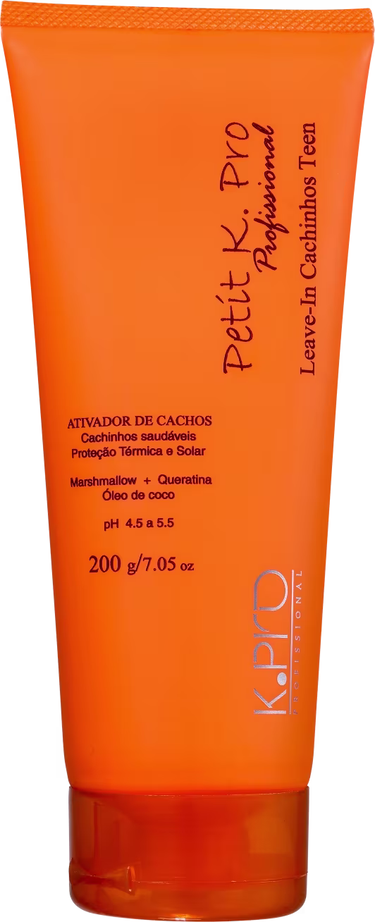 Ativador de cachos K.Pro, embalagem plástica tubular laranja. Rótulo em português com o nome do produto "Petit K.Pro" e descrições como "Ativador de Cachos", "Cachinhos saudáveis", "Proteção Térmica e Solar".