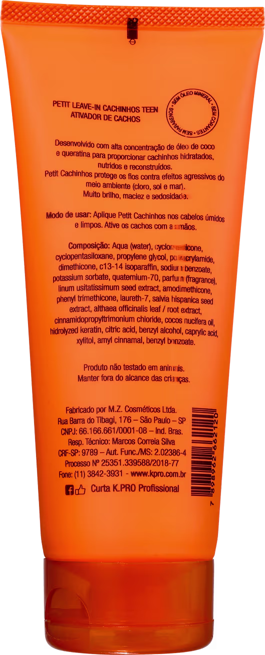 Ativador de cachos K.Pro, embalagem plástica tubular laranja. Rótulo em português com o nome do produto "Petit K.Pro" e descrições como "Ativador de Cachos", "Cachinhos saudáveis", "Proteção Térmica e Solar".