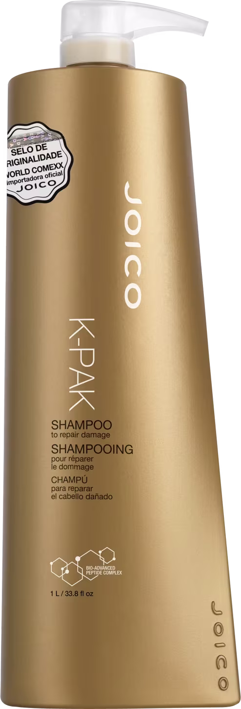 Shampoo reparador de danos da marca Joico, embalagem dourada com bomba doseadora branca. Frasco plástico de 1 litro. Rótulo em inglês, espanhol e francês.