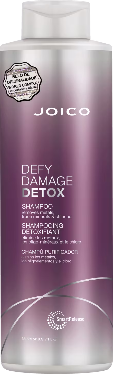 Shampoo Joico Defy Damage Detox de 1 litro com embalagem roxa e prata.