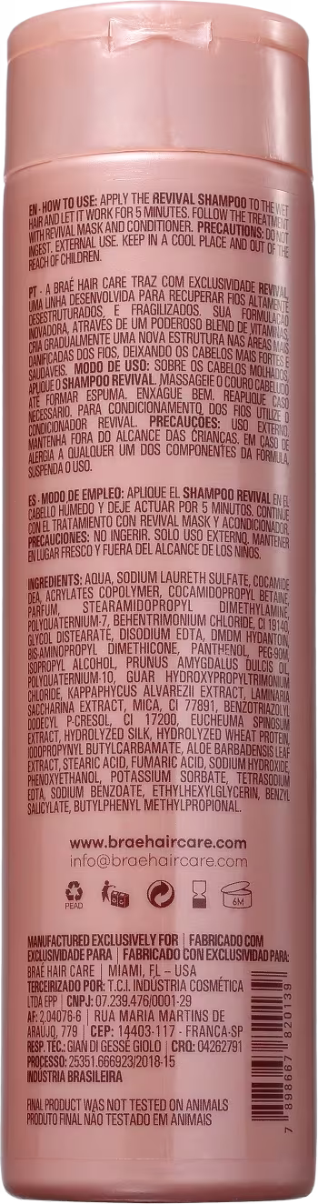 Shampoo Revival da marca Braé. Imagem do verso da embalagem.
