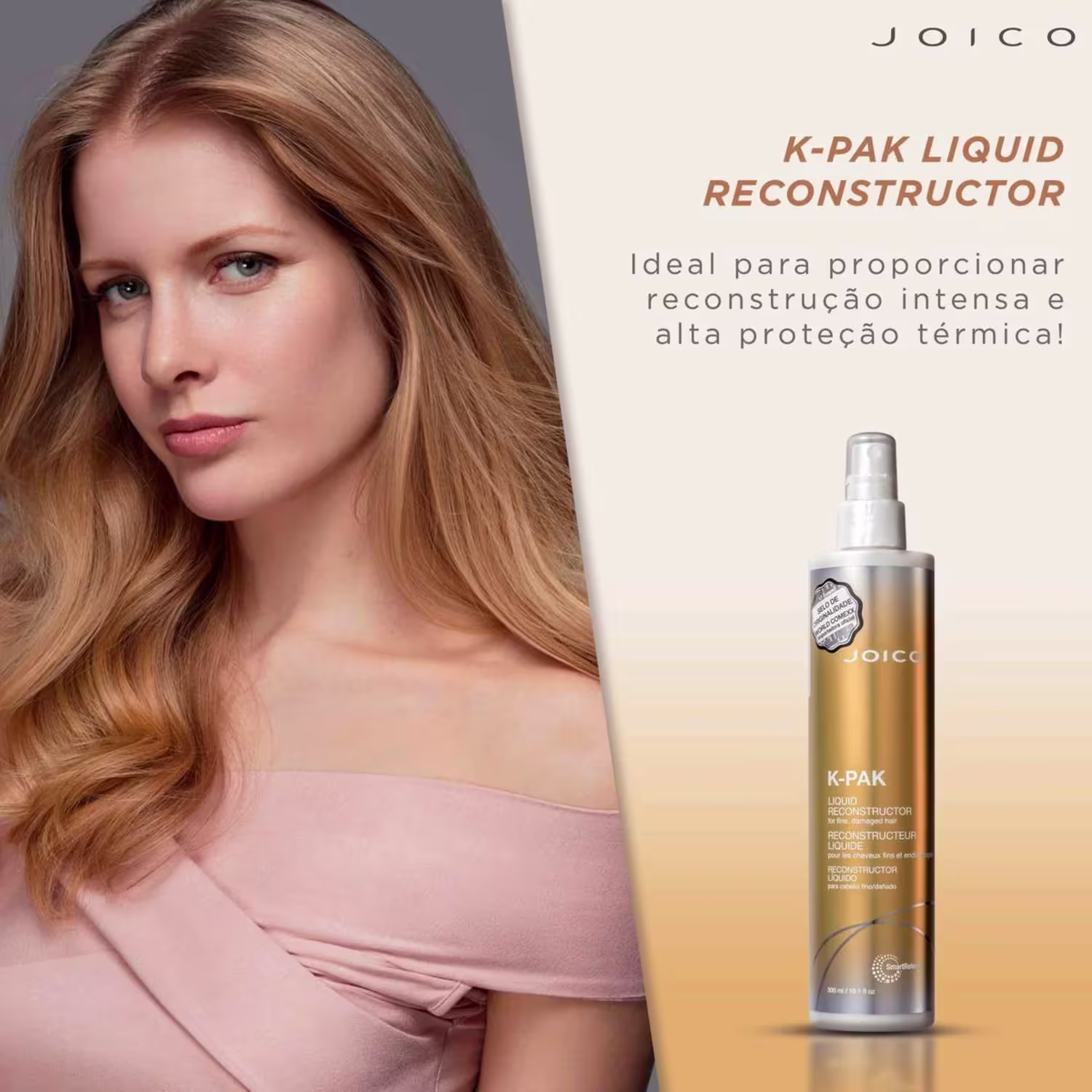 O produto apresentado é um Reconstructor Líquido K-Pak da marca Joico. É um frasco spray de plástico transparente e dourado, contendo um líquido de reconstrução capilar.