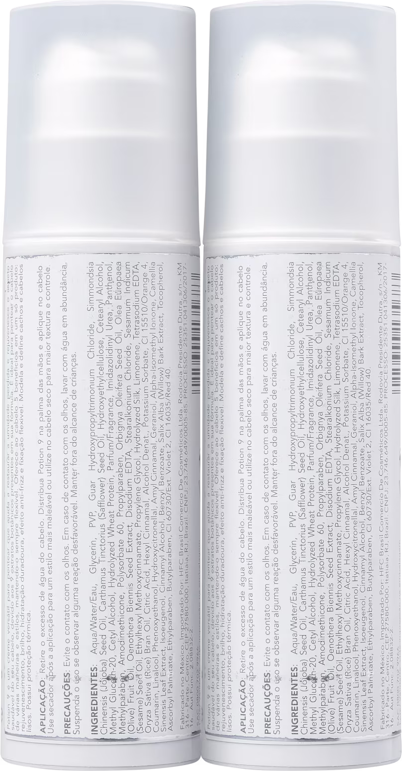 São dois frascos de tratamento capilar da marca Sebastian Professional. Os frascos são cilíndricos, de plástico branco opaco. Apresentam o logotipo e o nome "Sebastian Potion 9" em laranja, indicando que se trata de um produto para cabelos.