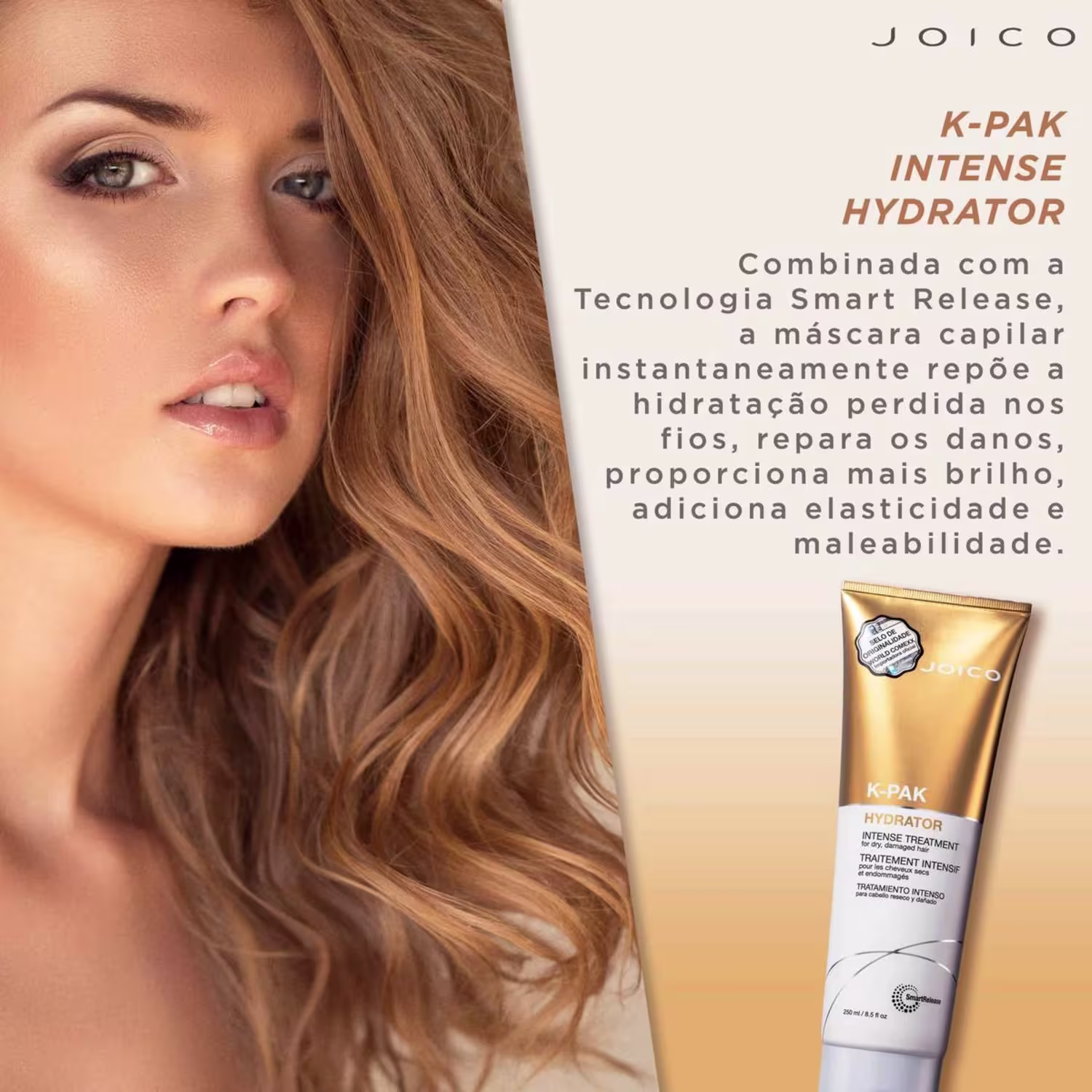 O produto apresentado é um tratamento intenso hidratante para cabelos da linha K-Pak da marca Joico. A embalagem é um tubo plástico branco e dourado. O rótulo indica que se trata de um "Intense Hydrator" com a tecnologia Smart Release.