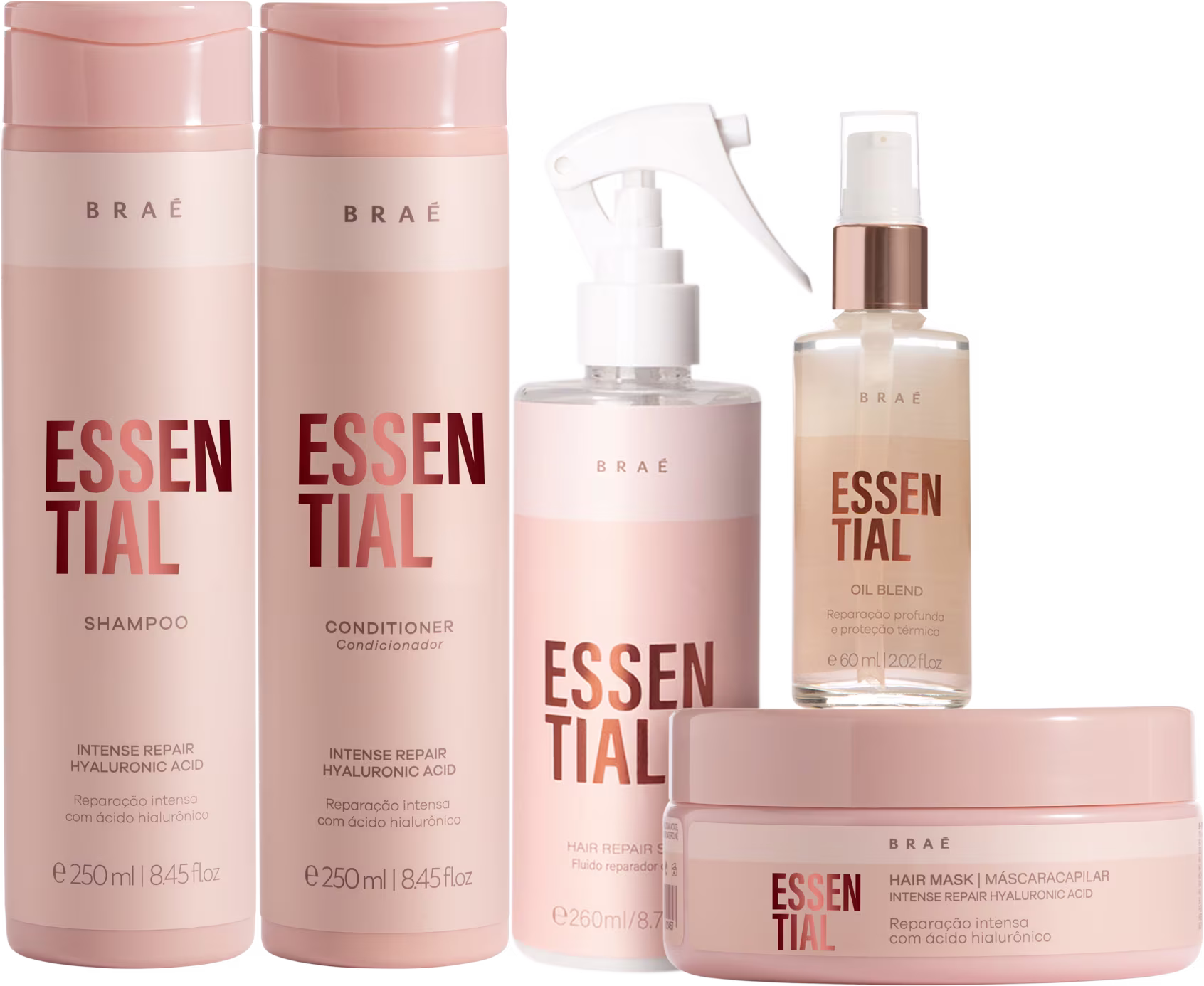 A imagem mostra uma linha de produtos para cabelos da marca Brae chamada "Essential". Todos os produtos têm o nome "Essential" e a descrição "Intense Repair Hyaluronic Acid" em letras marrons.