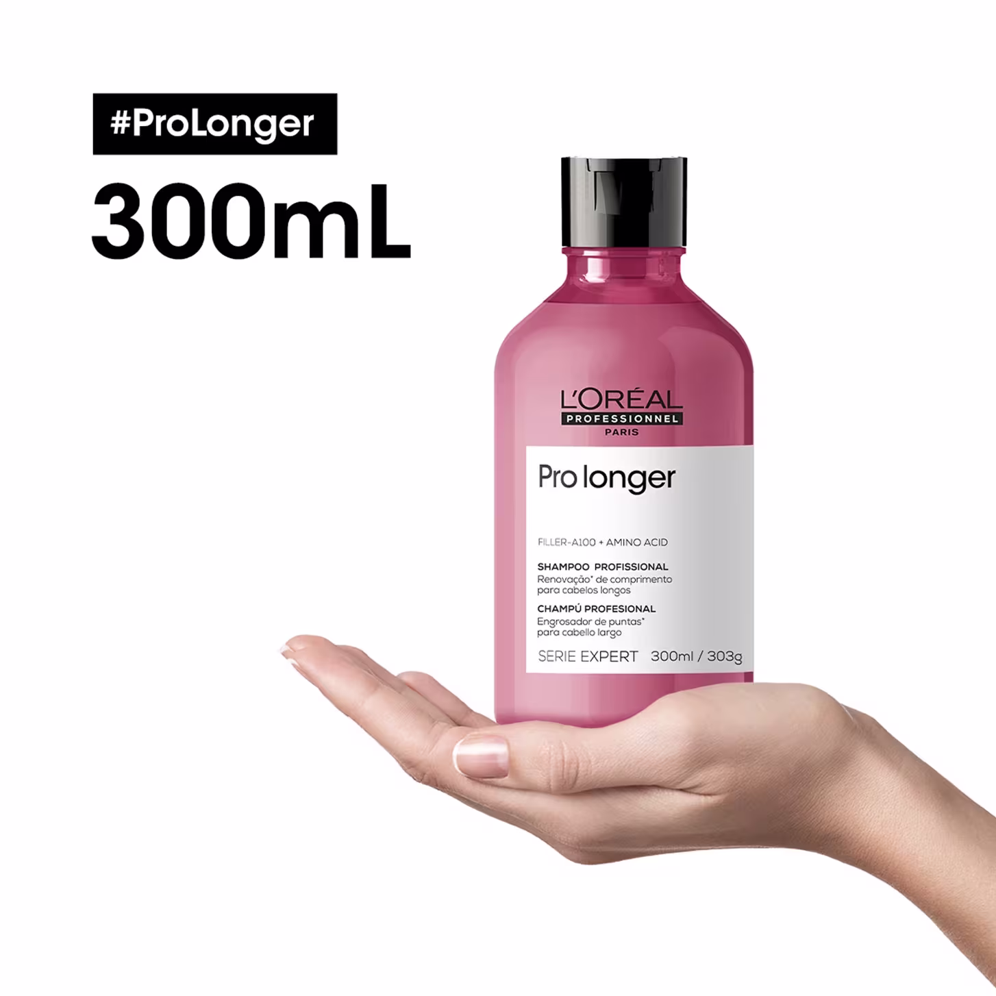 Produto de cuidado capilar da linha Serie Expert da L'Oréal Professionnel. Frasco plástico de 300ml na cor rosa, contendo shampoo da linha Pro Longer. Rótulo com texto "Pro longer" em destaque.