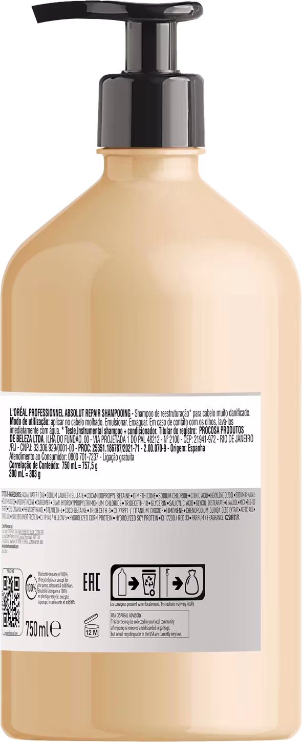O produto apresentado é um shampoo profissional da linha Absolut Repair da L'Oréal Professionnel. A embalagem é um frasco de plástico com um dispensador na parte superior.