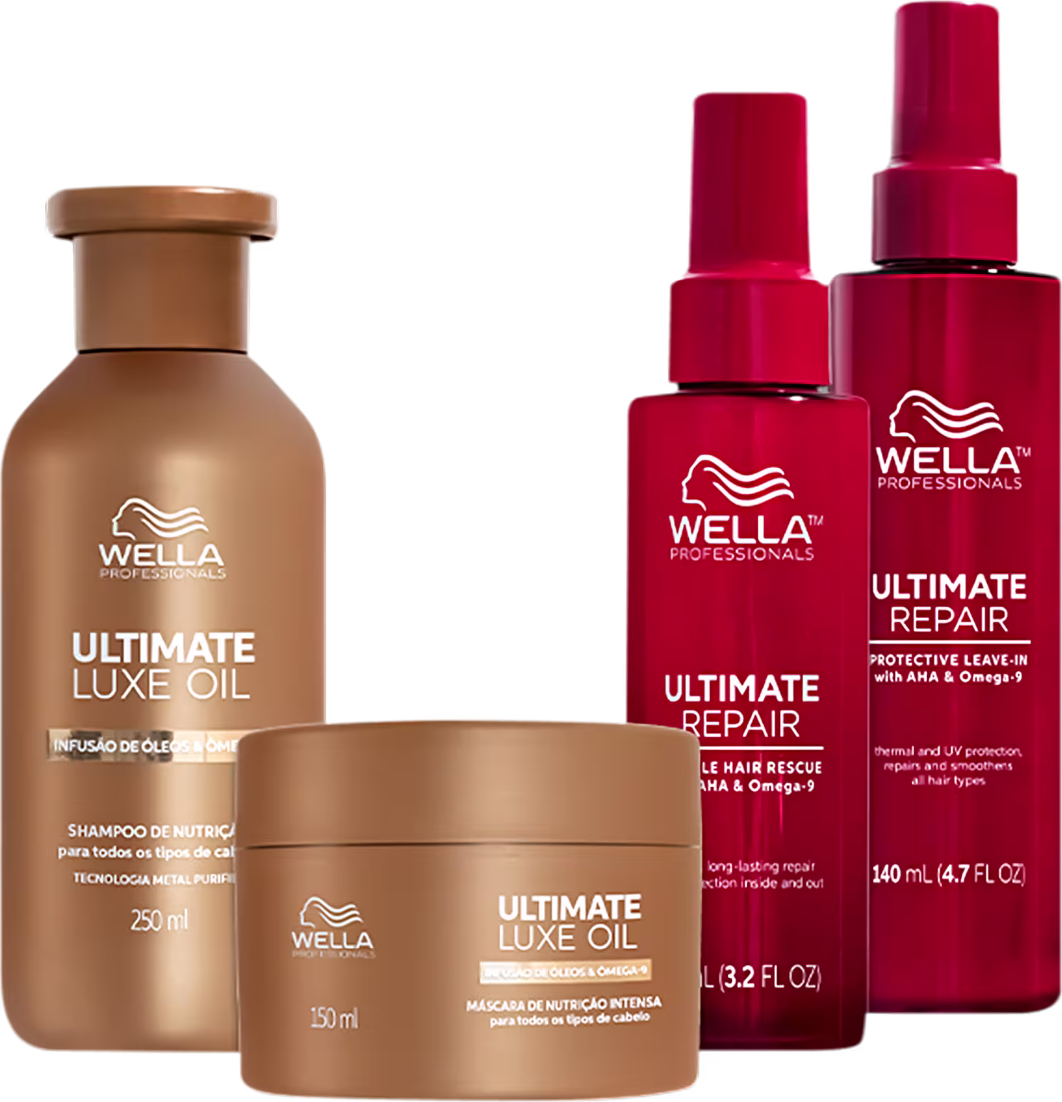 Kit com shampoo e máscara Ultimate Luxe Oil, além de protetor térmico e leave-in Ultimate Repair, da marca Wella Professionals.