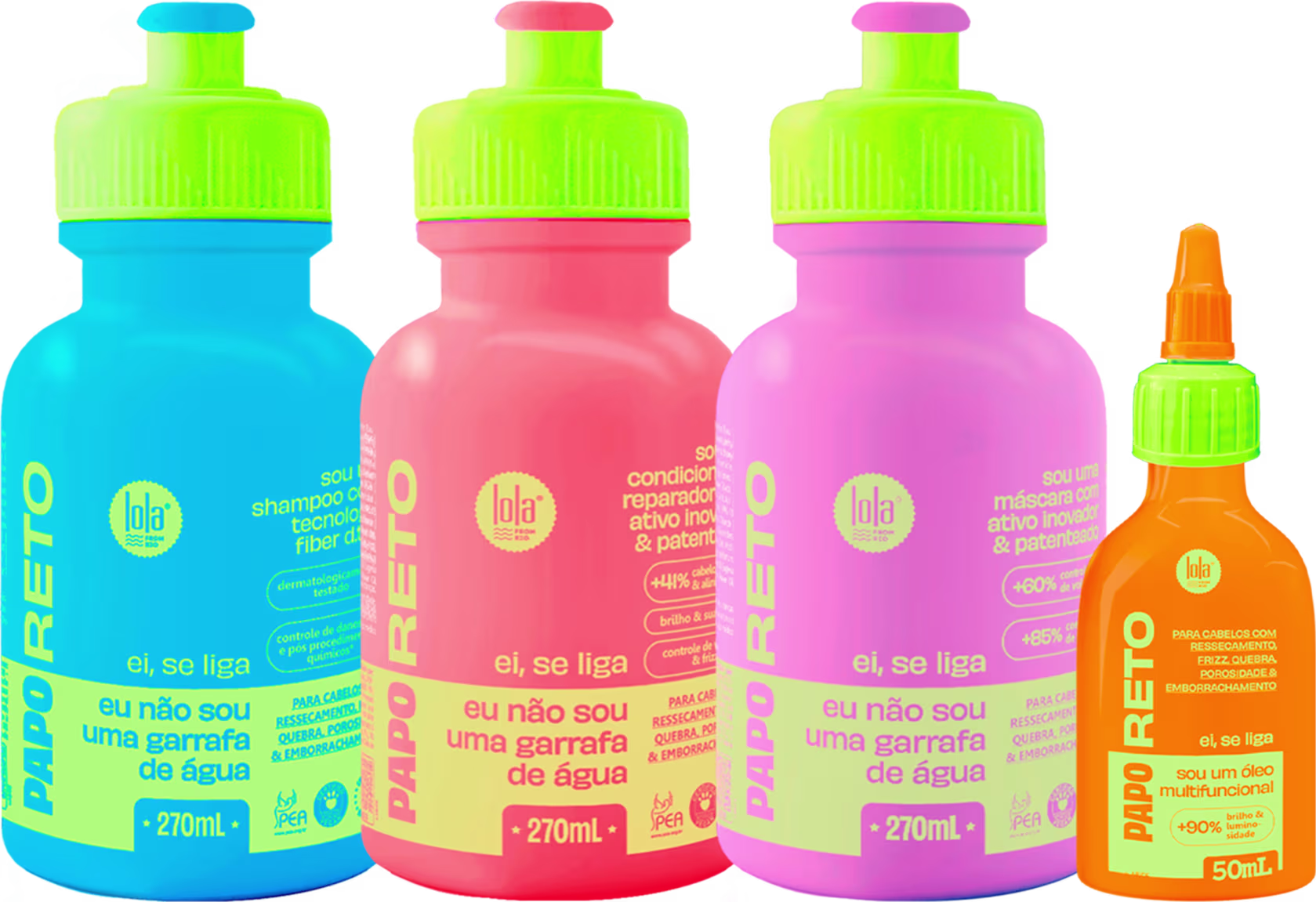 A imagem mostra um kit completo com shampoo, condicionador e máscara, em embalagem cilíndrica, verde com azul, vermelho com verde e rosa com verde, além de frasco de óleo capilar laranja com detalhes verdes.