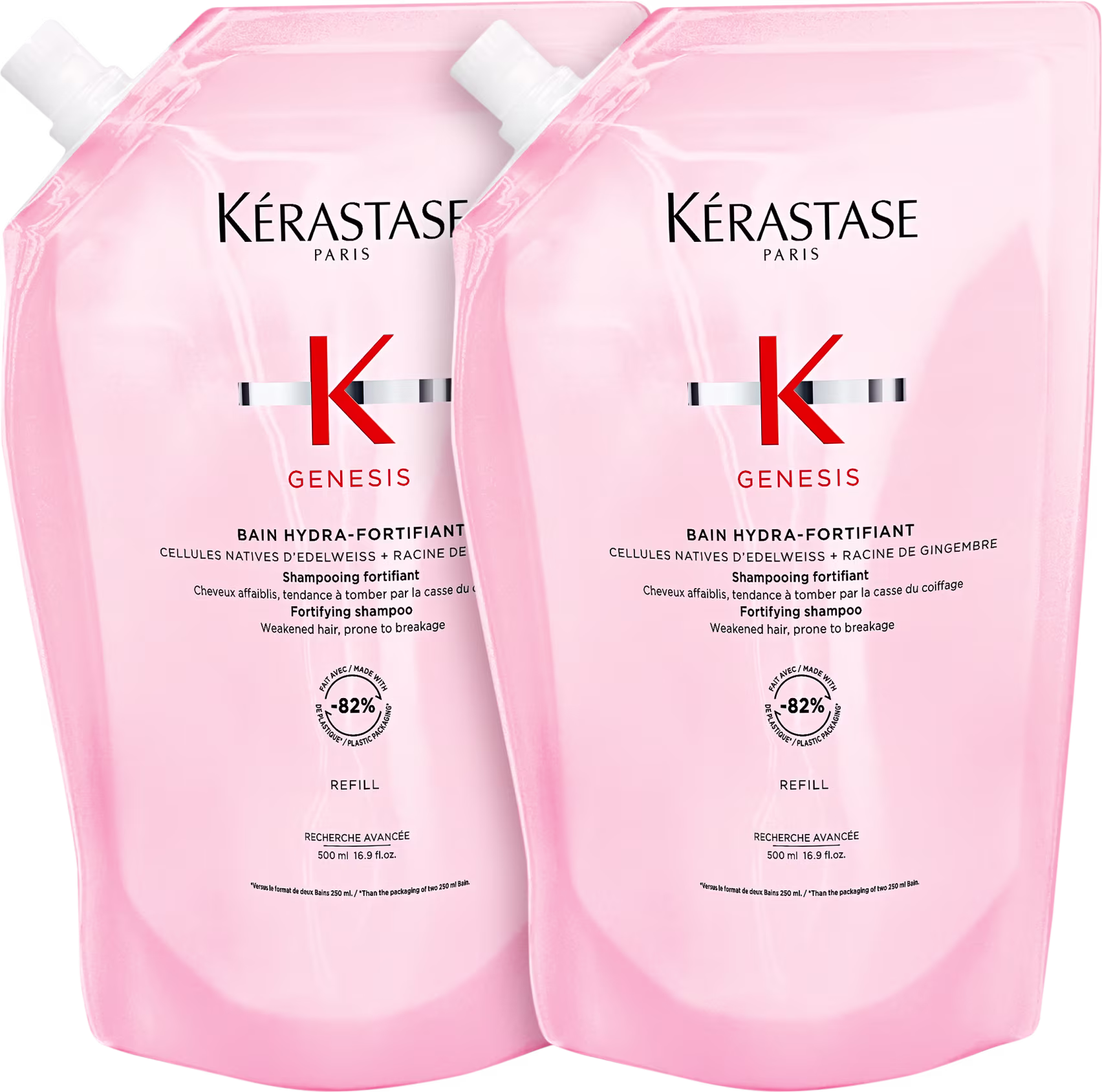 A imagem mostra duas embalagens de refil de shampoo, rosa com letras pretas.
