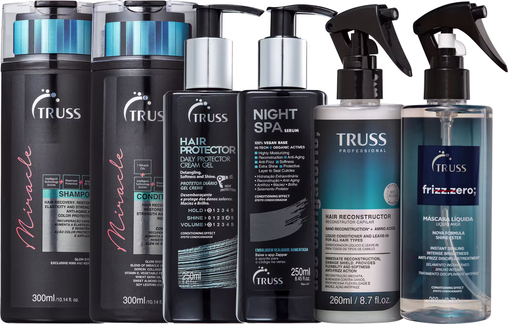A imagem mostra uma variedade de produtos para cabelos da marca TRUSS. Há itens da linha Miracle, Uso Obrigatório, Frizz Zero, Hair Protector e Night SPA.