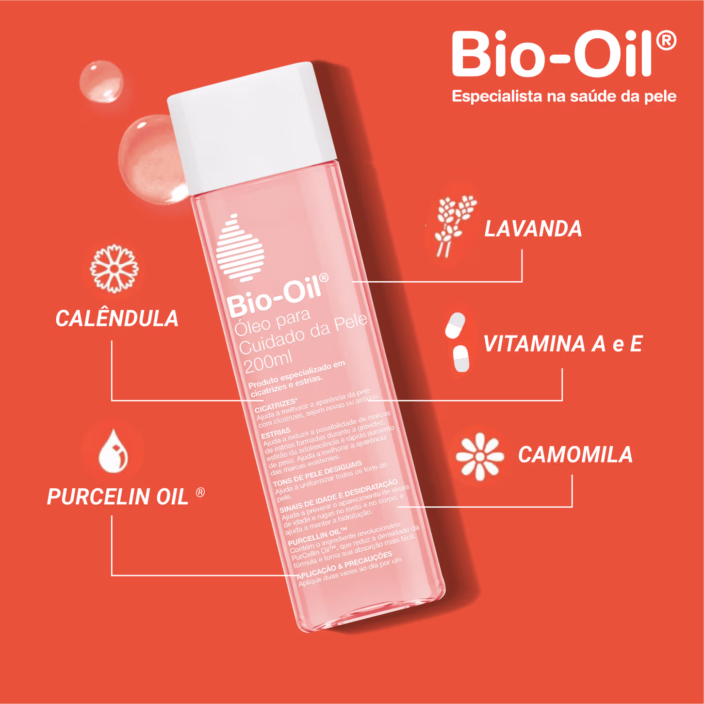 Bio-Oil é um óleo para cuidados da pele, embalado em um frasco plástico transparente de 200ml. O frasco tem um rótulo branco com o logotipo Bio-Oil em letras brancas sobre um fundo laranja.