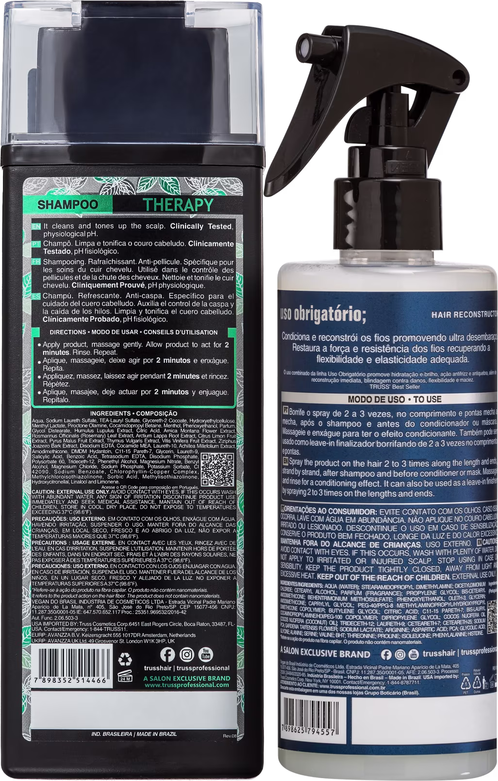 Shampoo Therapy da marca TRUSS em embalagem plástica preta de 300ml, com rótulo contendo folhas estilizadas em verde e branco. Frasco spray branco de 260ml com rótulo azul e preto identificado como "Hair Reconstructor" da mesma marca.