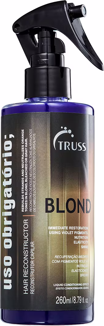 Produto de cuidado capilar para cabelos loiros da marca TRUSS. Embalagem plástica transparente com spray acionado por gatilho, na cor preta. Rótulo preto e dourado com o nome do produto "Blond" em letras grandes.