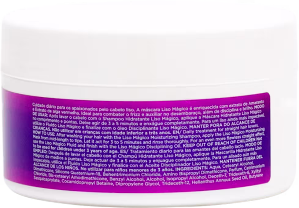 Máscara hidratante Liso Mágico da Lowell. Embalagem plástica branca com tampa, contendo 240g/8.4oz do produto.