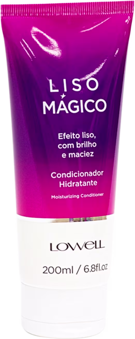 É um condicionador hidratante da marca Lowell. O produto vem em um tubo plástico de cor roxa vibrante com detalhes em branco na parte inferior.