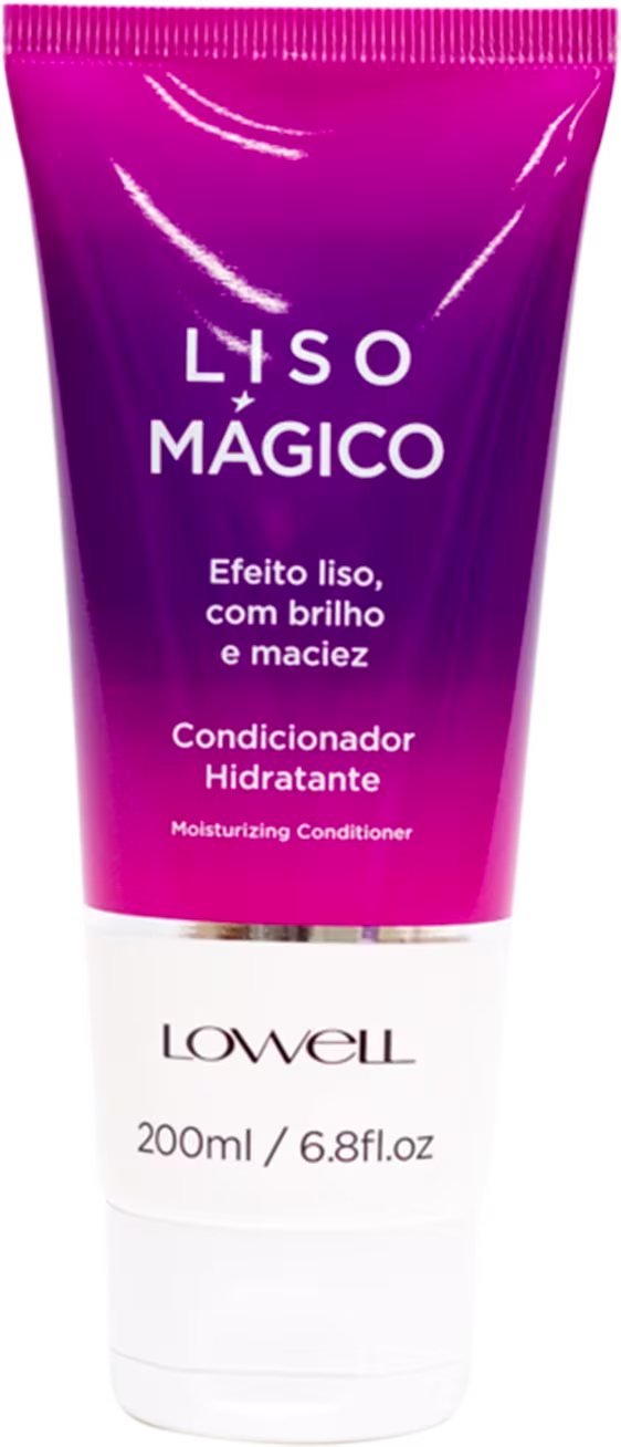 É um condicionador hidratante da marca Lowell. O produto vem em um tubo plástico de cor roxa vibrante com detalhes em branco na parte inferior.