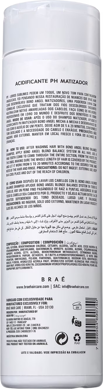Produto para cabelo acidificante e matizador da marca Brae. Embalagem plástica branca cilíndrica. Rótulo com instruções de uso em diversos idiomas.
