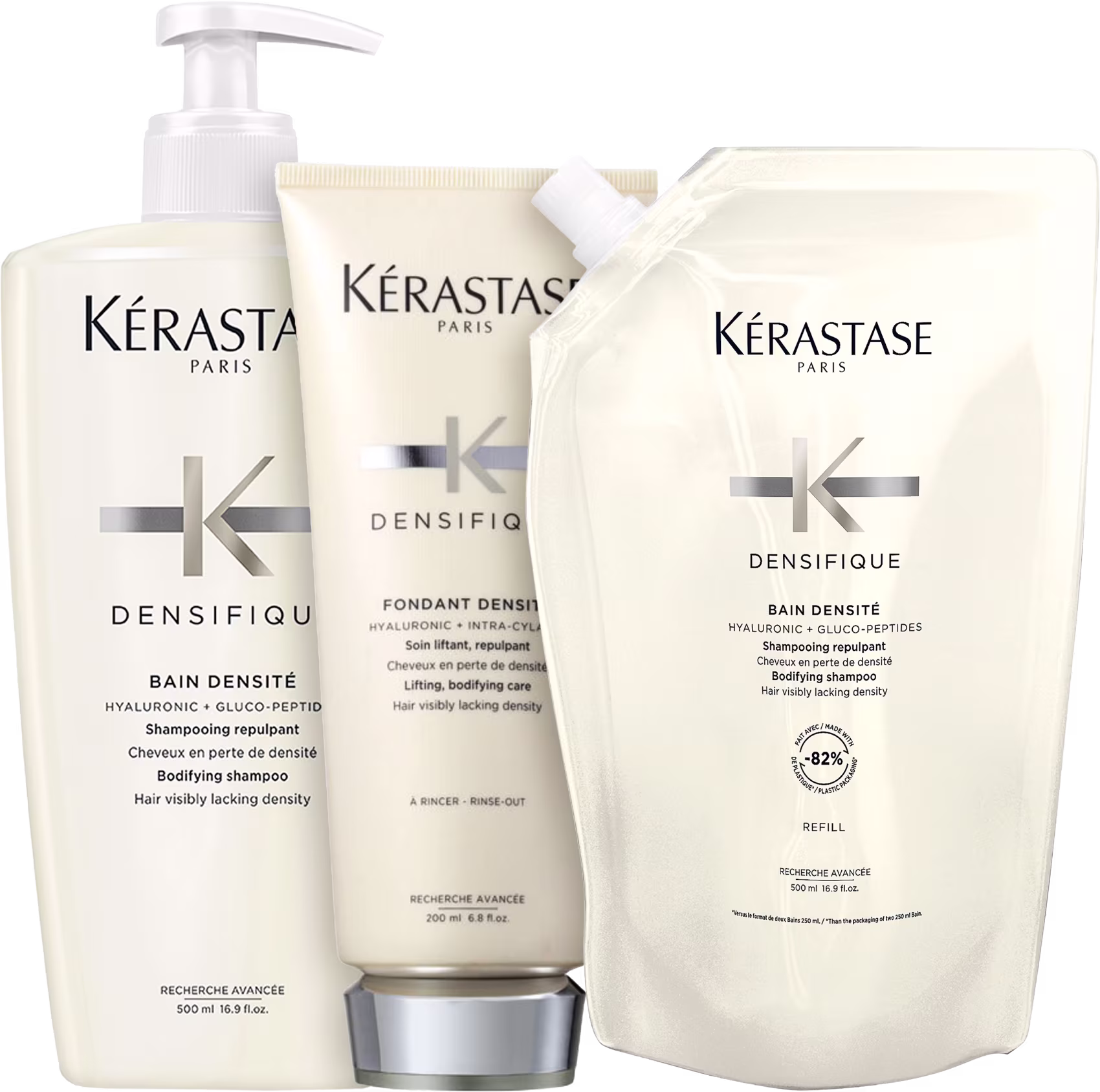Kit com shampoo, refil de shampoo e condicionador Densifique, da marca Kerastase.