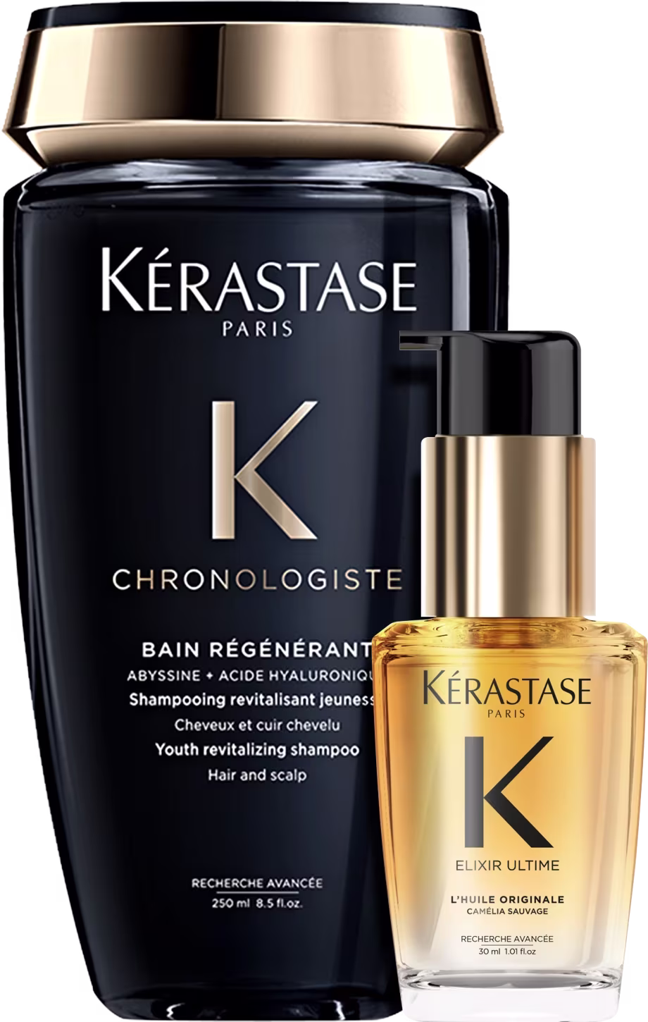 A imagem mostra dois produtos da marca Kérastase.: um frasco preto de shampoo com tampa dourada, rotulado "Chronologiste Bain Régénérant"  e ao lado, um frasco âmbar de óleo capilar "Elixir Ultime L'huile Originale" com tampa dourada.