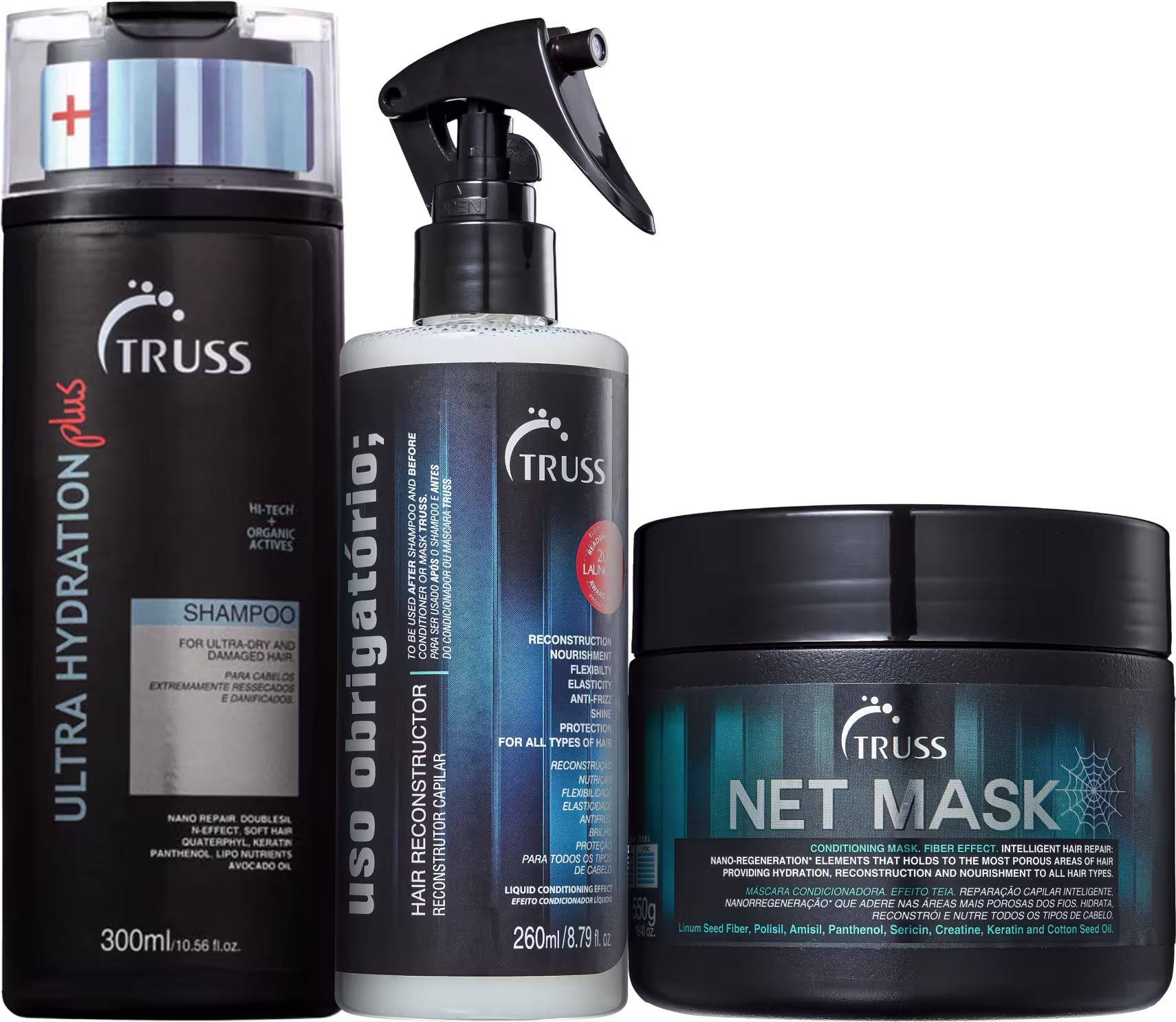 A imagem mostra uma linha de produtos para cabelos da marca TRUSS. Há um shampoo em um frasco preto, um condicionador líquido e uma máscara de tratamento capilar em um pote preto com detalhes em azul.