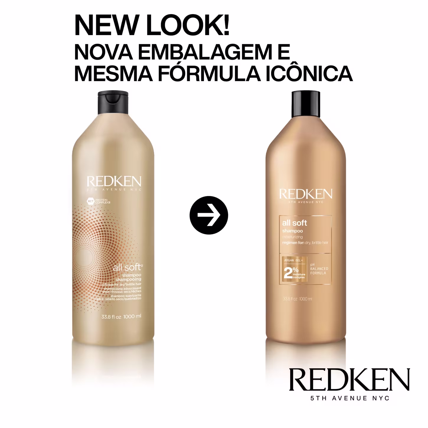 A imagem mostra dois frascos de shampoo da marca Redken. O frasco antigo tem uma textura pontilhada, enquanto o novo frasco tem uma aparência lisa e brilhante. Ambos os frascos exibem o nome do produto "All Soft Shampoo" e informações.