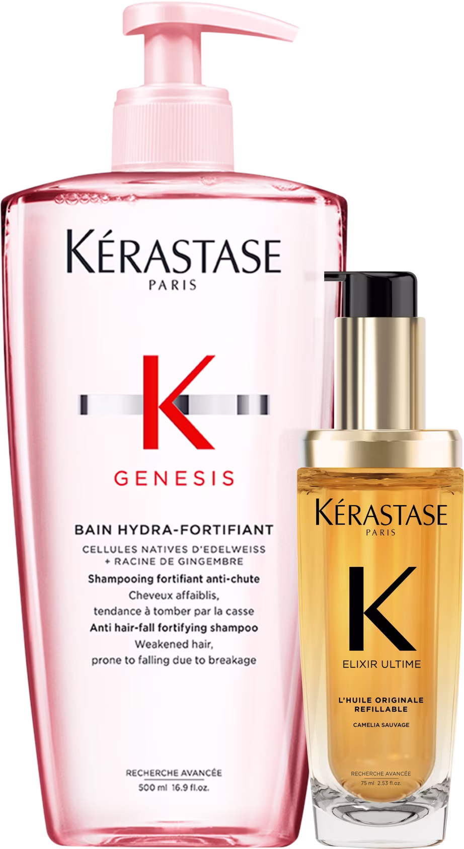 Kit Kérastase Genesis Elixir Ultime L'Huile Originale Refillable, com 2 produtos, um shampoo e um óleo refilável capilar.