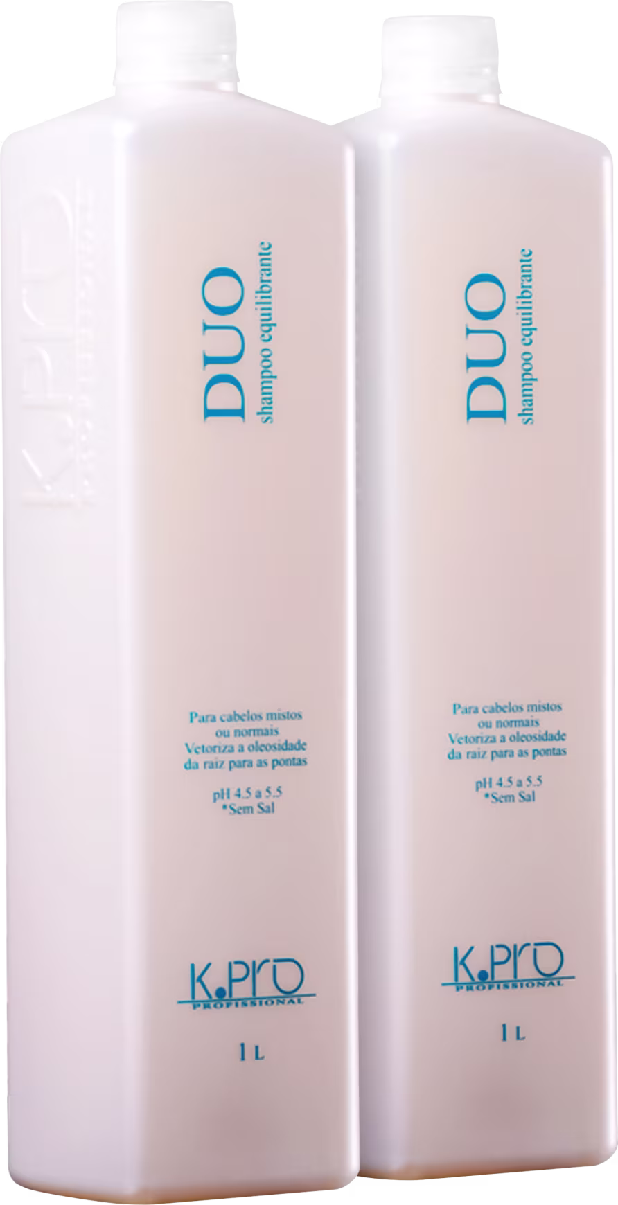 O produto apresentado na imagem são dois frascos de shampoo da marca K.Pro. Os frascos são brancos e possuem rótulos com o nome da marca e informações sobre o produto, como o pH e o volume de 1 litro.