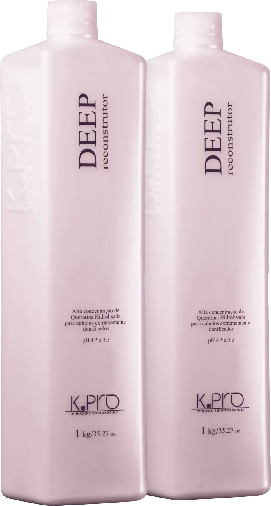 O produto apresentado na imagem são dois frascos de 1 kg de tratamento reconstrutor da linha Deep Reconstructor da marca K.Pro. Os frascos possuem embalagem branca com o nome da marca e do produto impressos em letras pretas.