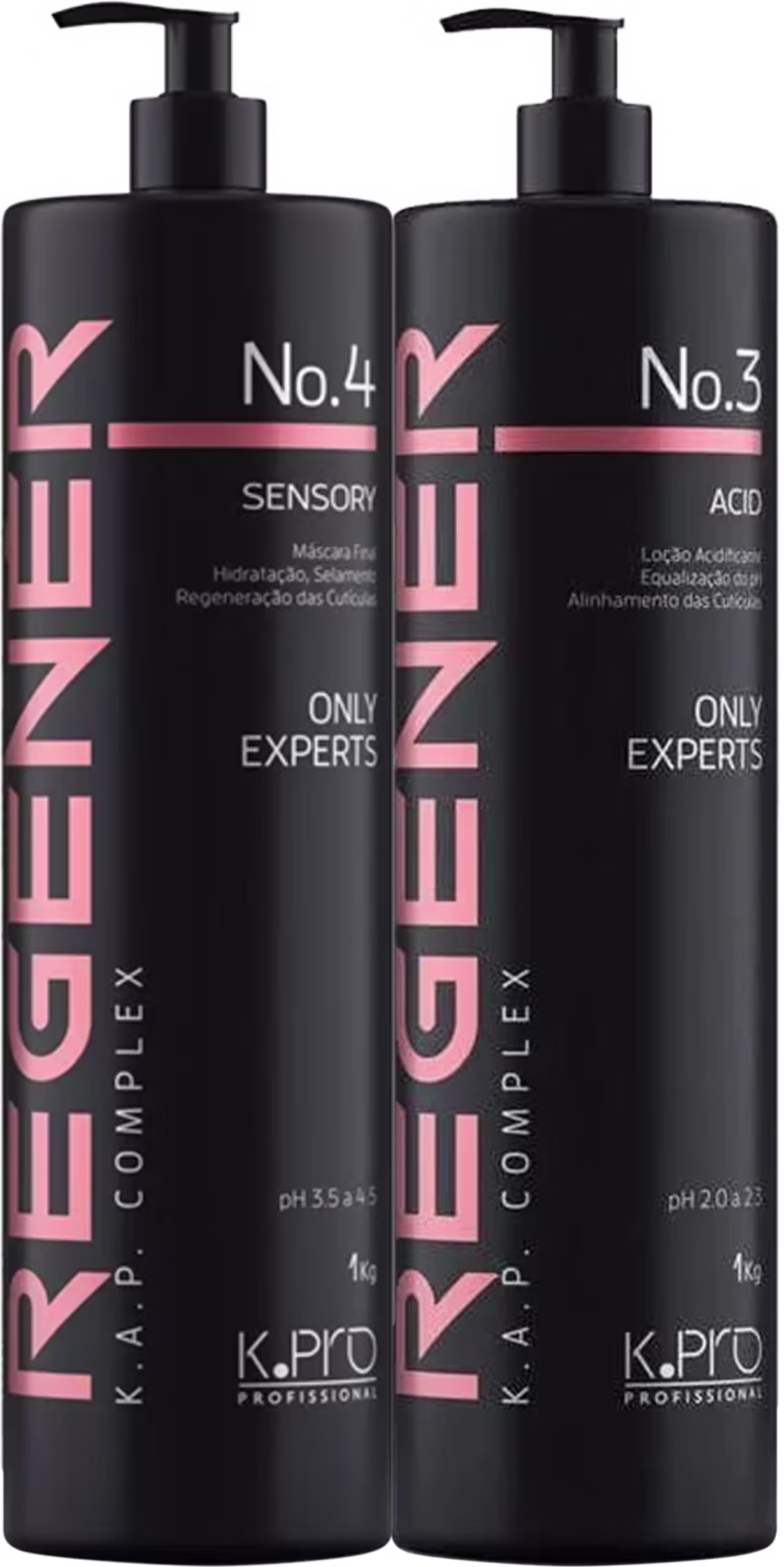 O produto apresentado na imagem são dois frascos de produtos de cuidados capilares da marca K.Pro. Os frascos possuem embalagens pretas com detalhes em rosa, indicando os números 3 e 4.