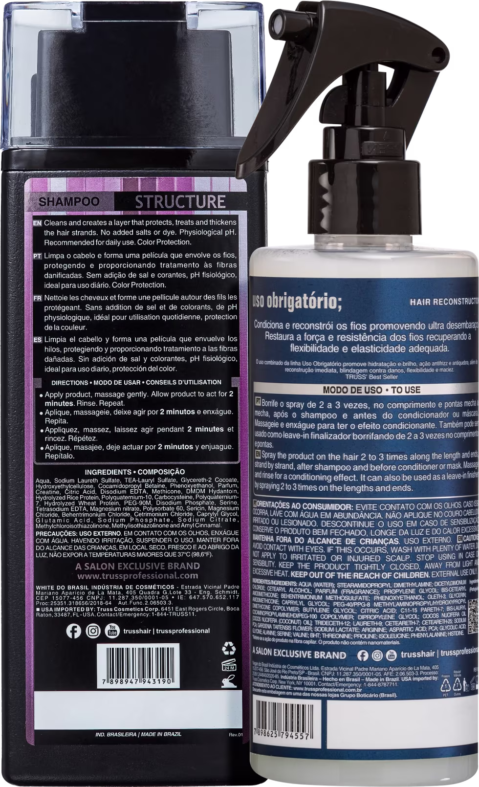 A imagem mostra o verso dos produtos, com indicação, composição, modo de uso e código de barras.