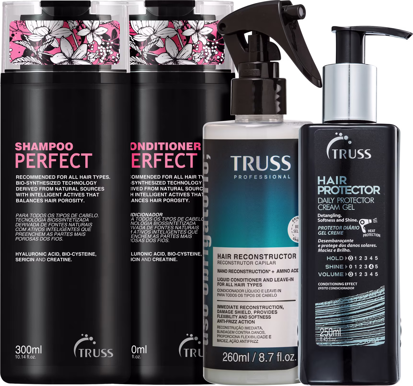 A imagem mostra  quatro produtos da marca TRUSS: shampoo e condicionador de 300ml cada; spray Uso Obrigatório de 260ml e Hair Protector de 250ml. As cores predominantes são preto, azul e rosa.