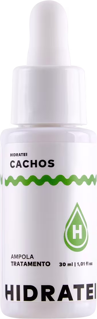 O produto apresentado é um tratamento capilar da marca Hidratei, chamado "Cachos". A embalagem é um frasco branco com um conta-gotas, contendo 30 ml do produto.