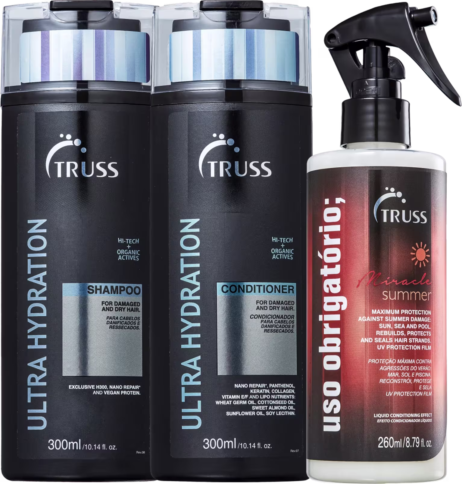 Kit com shampoo, condicionador Ultra Hydration e tratamento reconstrutor Miracle Summer, da marca TRUSS.